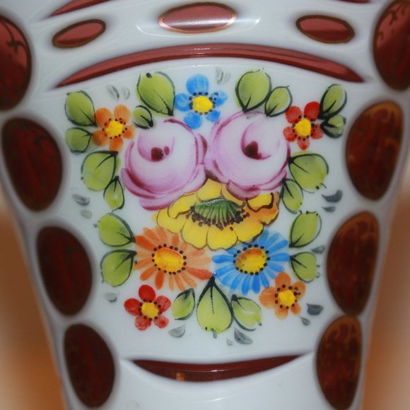 Bohemian Czech Red to White Cased Glass Vase Hand Painted Flowers LOT 8150 - Picture 3 of 7